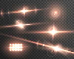 Illustration of Vector Lens Flare Effect. Realistic Sun Flare Energy Beam Explosion on Transparent Background