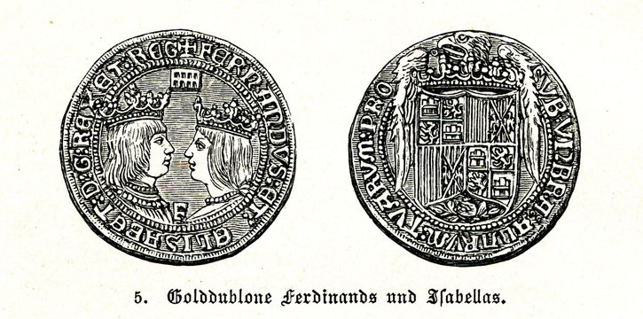 Doubloon of Ferdinand and Isabella (from Spamers Illustrierte Weltgeschichte, 1894, 5[1], 10)