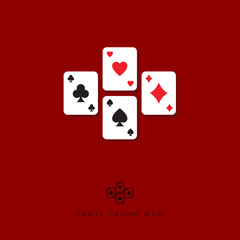 Flat icon card game. Casino icon. Different cards on a burgundy background.