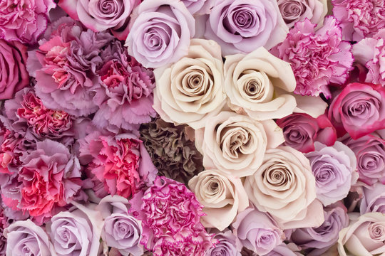 Arrangement of pink, white, lilac  living roses and carnation, top view, flat lay