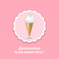 Ice cream illustration. White ice cream in a waffle cone on a pink background.