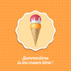 Ice cream illustration. Ice cream cone with jam on yellow background.