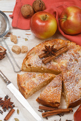 Homemade Apple pie with cinnamon, cardamom and star anise closeup. Traditional autumn cakes for tea. Selective focus