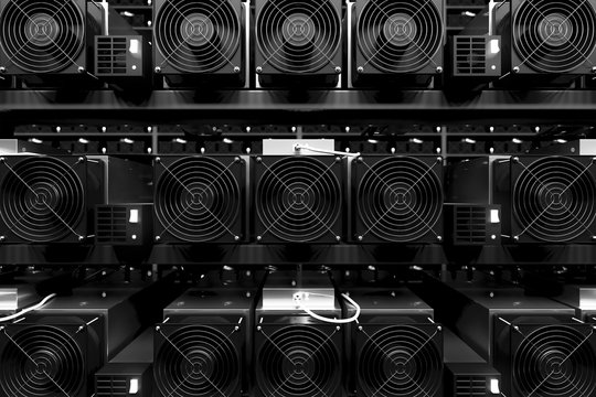 design element. 3D illustration. rendering. dark bitcoin cryptocurrrency mining farm 3d background black and white image