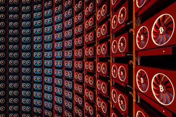 design element. 3D illustration. rendering. cryptocurrency mining farm. bitcoin and altcoins mining. graphic cards rig for Cryptocurrency mining