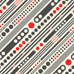Seamless Diagonal Stripe and Circle Pattern. Vector Black and Red Background