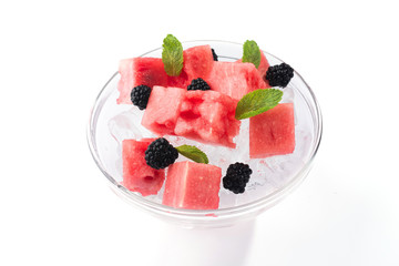 watermelon with mint and ice on dish