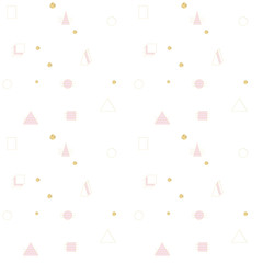 Geometric vector seamless pattern in retro style in pink, gold and white colors. Modern  background with triangles, squares , circles, lines and golden dots.