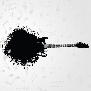 Music instrument background. Black and white guitar with music notes background vector illustration