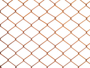 Old dirty and rusty chain link fencing mesh isolate on white background. A fence type of woven fence usually made from metal ,galvanized or LLDPE-coated. Used for temporary fences. - Selective focus