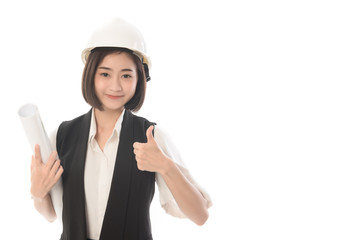Portrait of asian woman architect holding thumb up. Smiling business woman builder isolated on white background.