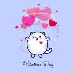 Kawaii cute cat with balloons as hearts on a pink background with stars and small hearts.