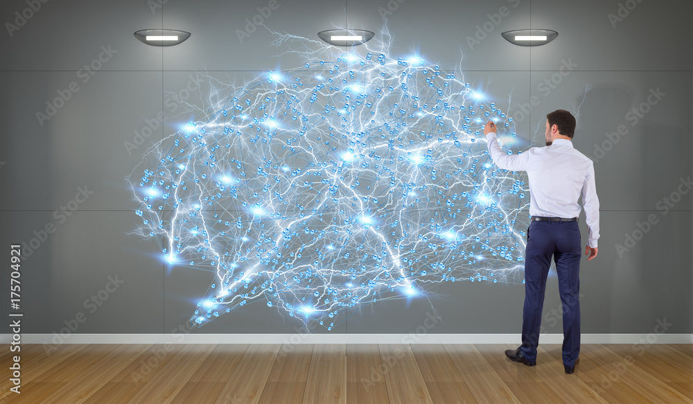 Poster Businessman using digital brain interface on a wall 3D rendering