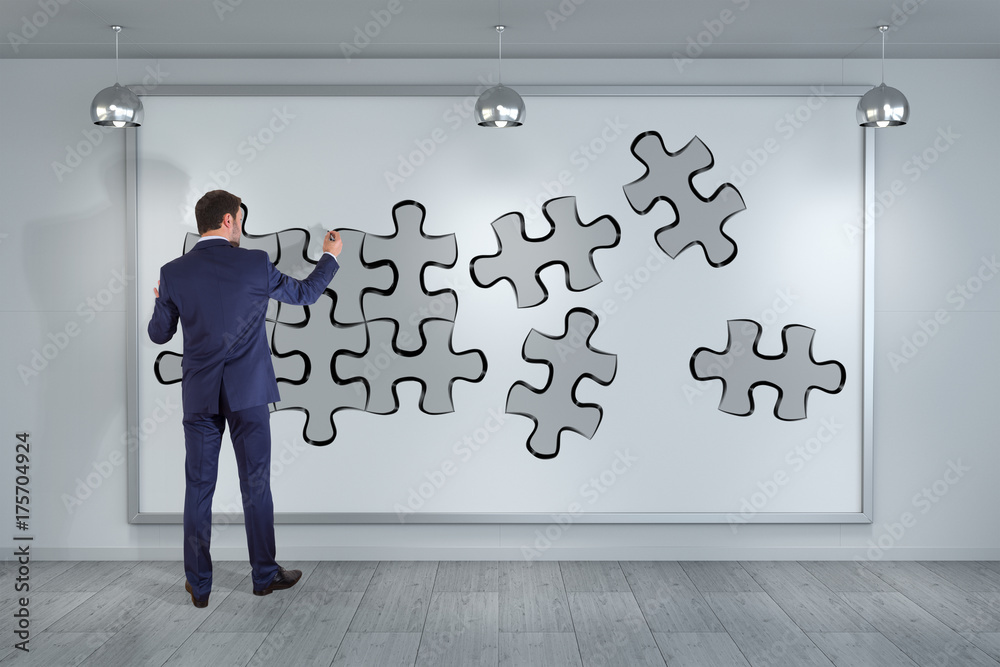Poster Businessman searching puzzle solution on a wall 3D rendering