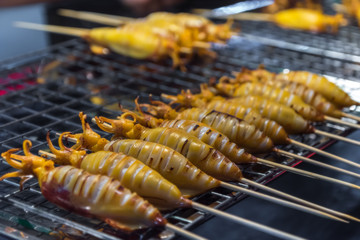 Pla Muek Yang - Thai style marinated grilled squid on stick barbeque street food on the night market in Chumphon and Bangkok