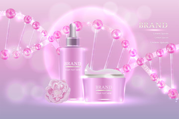 Cosmetic containers with advertising background ready to use, sweet pink skincare ad. Illustration vector