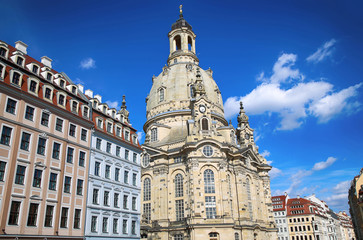 Fototapeta na wymiar Neumarkt Square at Frauenkirche (Our Lady church) in the center of Old town in Dresden, Germany