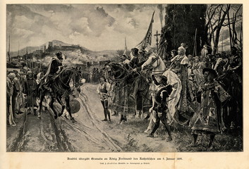 Capitulation of Granada by Francisco Pradilla Ortiz, 1882: Muhammad XII surrenders to Ferdinand and Isabella (from Spamers Illustrierte Weltgeschichte, 1894, 5[1], 20/21)