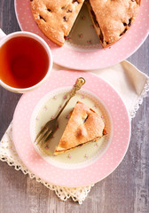 Plum and chocolate sponge cake, sliced