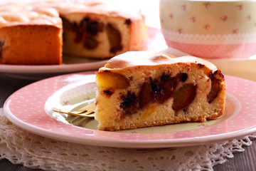 Plum and chocolate sponge cake, sliced