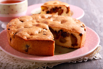 Plum and chocolate sponge cake, sliced