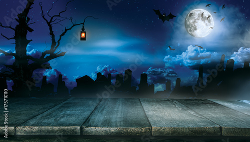 Spooky halloween background with empty wooden planks