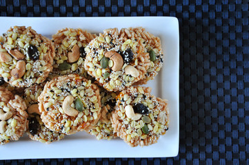 Above shot Pile of Rice Cracker with Variety Nuts
