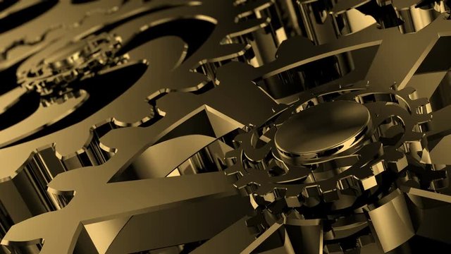 Isolated rotating golden gears. Movement of metal gears in a mechanical device. pinion mechanism. Mechanical Clockwork Brain with Moment of Inspiration. cogs animation. Work concept. Closeup