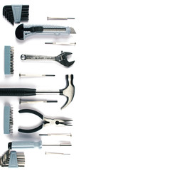Set of various tools on white background.
