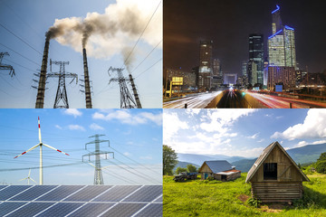 Clean vs dirty energy. Solar panels and wind turbines against fuel coal power plant. Sustainable...