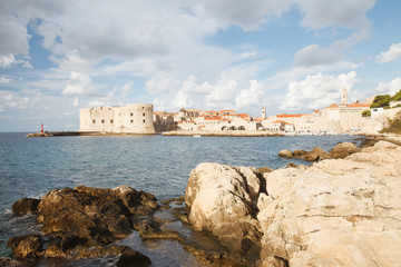 view of the fort of St. John from the side of the Banje beach. Dubrovnik. Croatia