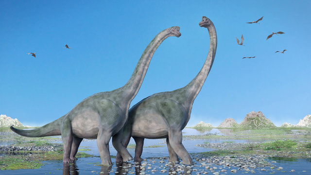 couple of Brachiosaurus altithorax and a flock of Pterosaurs in a scenic Late Jurassic landscape