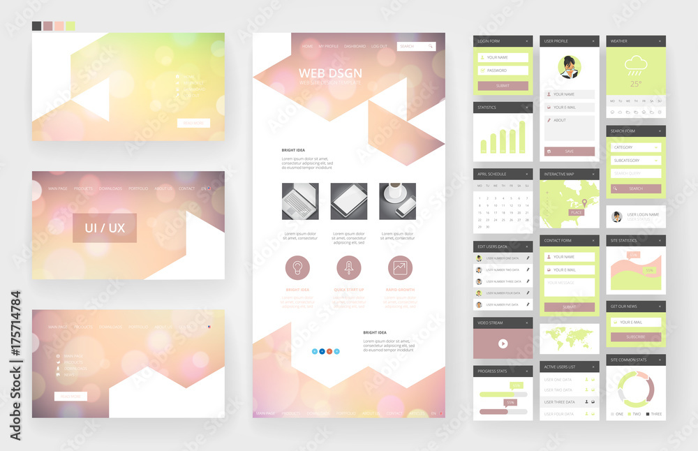 Wall mural website design template and interface elements