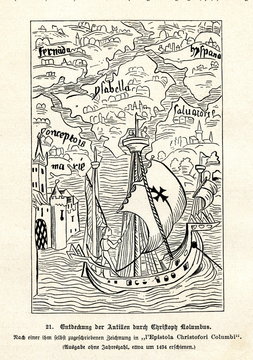 Columbus arrives to Antilles (from Spamers Illustrierte Weltgeschichte, 1894, 5[1], 58)