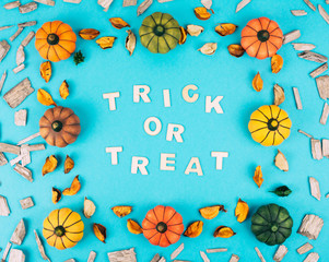 Decorative pumpkins on blue background.