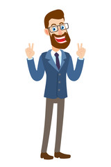  Businessman showing victory hand sign or quotes hand sign