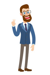 Hipster Businessman showing victory hand sign