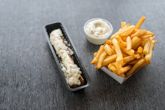 Frikandel with sauce and french fries