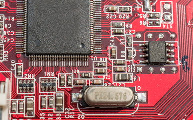 Circuit board with processor close-up of electronic macro