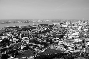 Liverpool, UK. Aerial view of downtown. Black and white