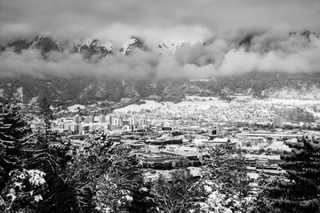 Aerial view of Innsbruck, Austria during the winter morning
