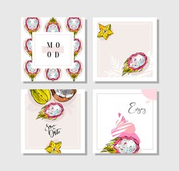 Hand drawn vector abstract freehand textured unusual tropical save the date cards set collection with palm leaves,dragon fruit,coconut and carambola in bright colors isolated on white background.