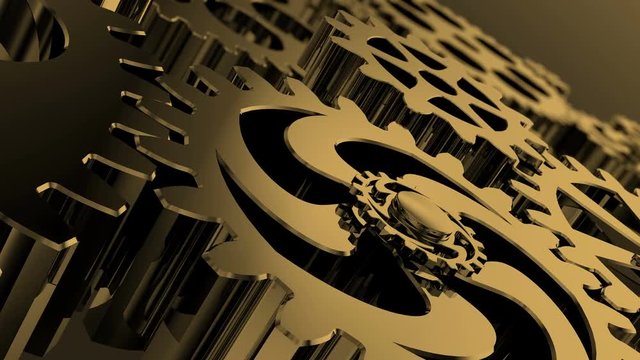 Inside a clock, infinite into the clockwork mechanism. Watch mechanism macro. Connecting Gears system. Detail of gearbox, small gears DOF. loop spinning gears and cogs. Automotive transmission gearbox