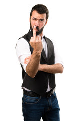 Cool man making horn gesture on isolated white background