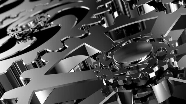 Stylish business background with rotating metal gears for presentation. Close up of a internal mechanism. chrome gears system. Work concept. loop spinning gears and cogs. Inside a clock. Loop motion