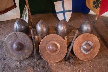 Medieval helmets and shields