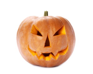 Halloween pumpkin with scary face. Jack O' Lantern isolated on white