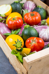 Fresh organic vegetables - round courgette, small eggplants, tomatoes, diet concept, Italian and French food, healthy food.