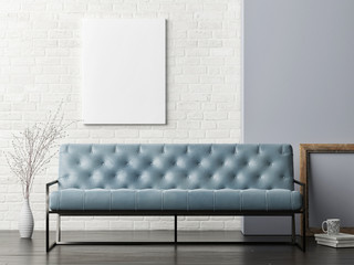 Mock up poster on white brick wall, blue sofa living room, 3d illustration