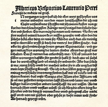 First page of Vespucci's letter to Lorenzo di Pierfrancesco de' Medici about his third voyage and New World - translation in german (from Spamers Illustrierte Weltgeschichte, 1894, 5[1], 70)